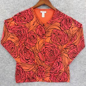 Harold's Sweater Womens Sz L Orange Red Floral Silk Blend Button Up Cardigan